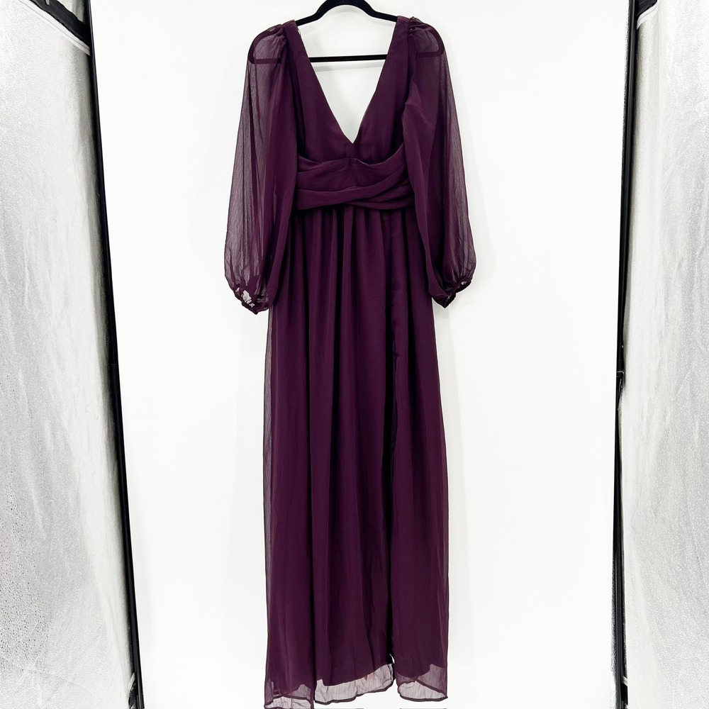 Lulus Maxi Dress Women Medium Plum NEW Sheer Bishop Sleeve Ruched V-Neck Gown‎